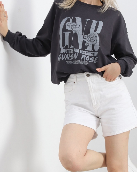 Baskılı İki İplik Oversize Sweat Füme - 21648.200.