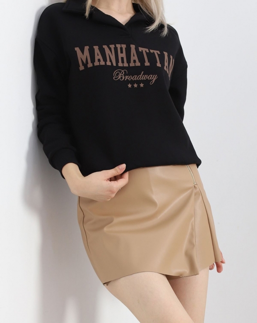 Üç İplik Gömlek Yaka Oversize Sweat Siyah - 21624.200.