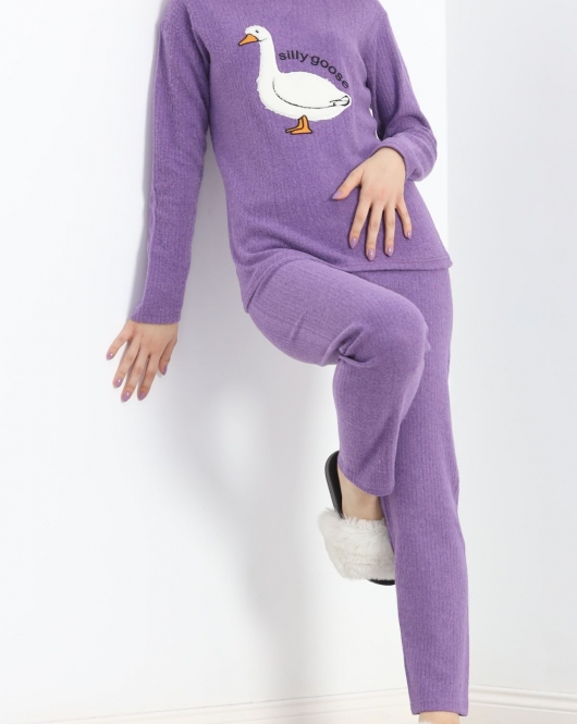 Nakışlı Fitilli Pijama Takımı Mor - 19217.1048.