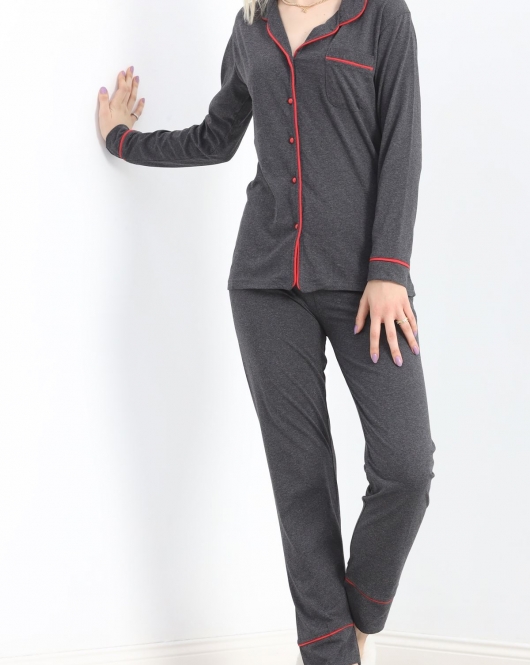 Düğmeli Süprem Pijama Takımı Füme - 19223.1048.