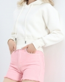 3 İplik Kapşonlu Crop Sweat Ekru - 20967.1878.