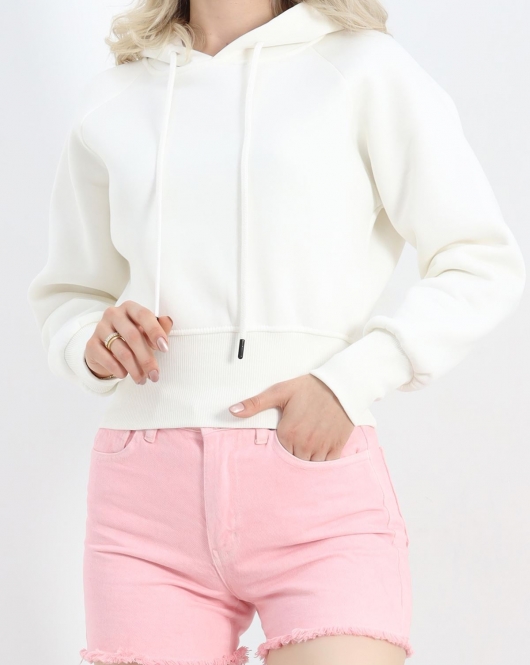3 İplik Kapşonlu Crop Sweat Ekru - 20967.1878.