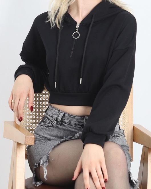 Modal Kapşonlu Crop Sweat Siyah - 12885.148.