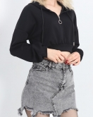 Modal Kapşonlu Crop Sweat Siyah - 12885.148.