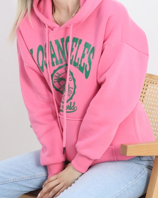 Baskılı Kanguru Cep Kapşonlu Sweat Pembe - 20072.1878.