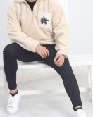 Etnik Cep Nakışlı Erkek Peluş Sweat Bej - 19319.1885.