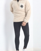 Etnik Cep Nakışlı Erkek Peluş Sweat Bej - 19319.1885.