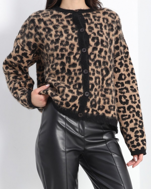 Desenli Triko Hırka Leopar - 20229.1247.