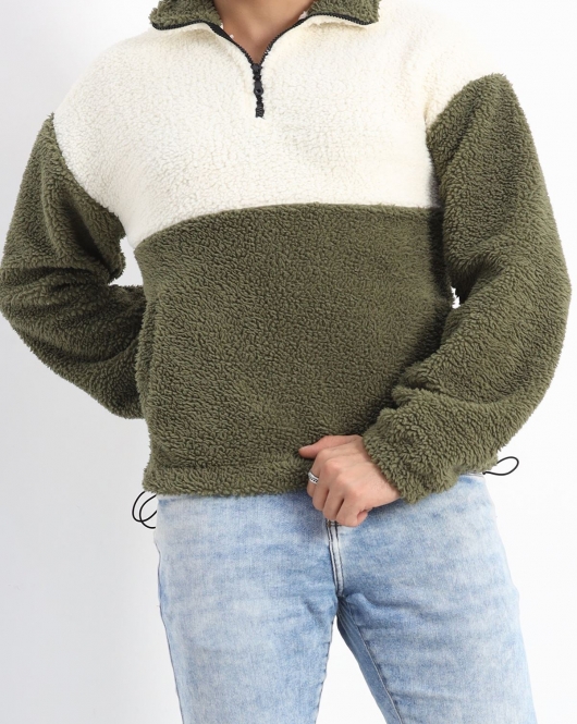 Fermuarlı Blok Renk Erkek Peluş Sweat Bejhaki - 19330.1885.