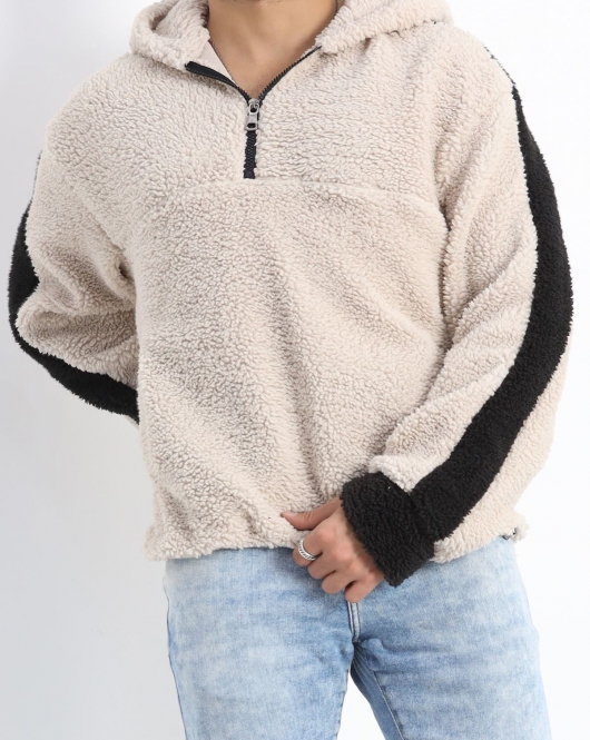 Kapşonlu Erkek Peluş Sweat Taş - 19331.1885.