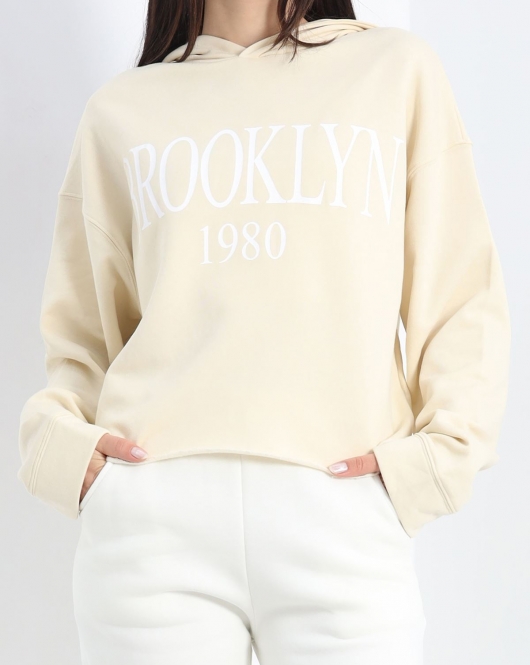 Baskılı Kapşonlu Sweat Krem - 20504.1886.