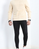 Nakışlı 3 İplik Şardonsuz Sweat Bej - 19371.1874.