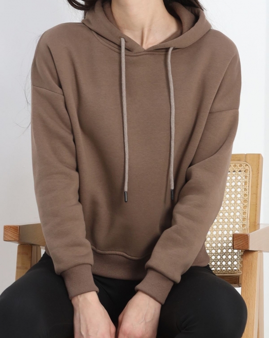 Kapşonlu 3 İplik Crop Sweat Açıkkahve - 20969.1878.