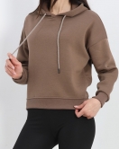 Kapşonlu 3 İplik Crop Sweat Açıkkahve - 20969.1878.