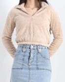 Fermuarlı Crop Peluş Sweat Bej - 9060.1153.