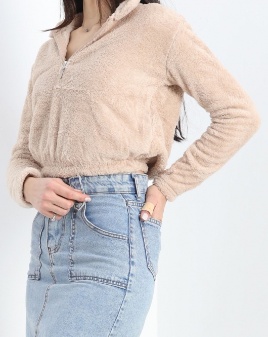 Fermuarlı Crop Peluş Sweat Bej - 9060.1153.