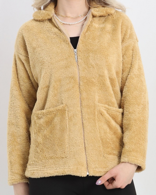 Fermuarlı Peluş Ceket Camel - 19473.1153.