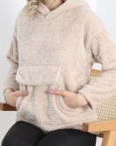 Kanguru Cep Kapşonlu Peluş Sweat Taş - 9062.1153.