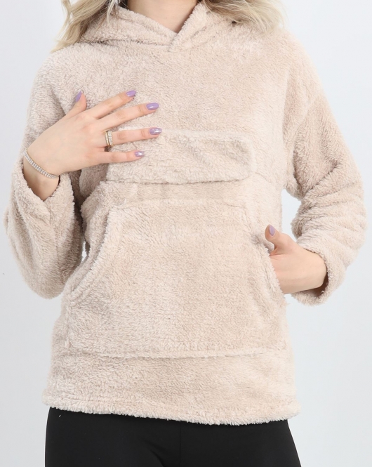 Kanguru Cep Kapşonlu Peluş Sweat Taş - 9062.1153.