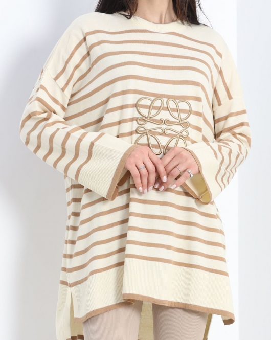 Nakışlı Oversize Triko Kazak Lattebisküvi - 540.1247.