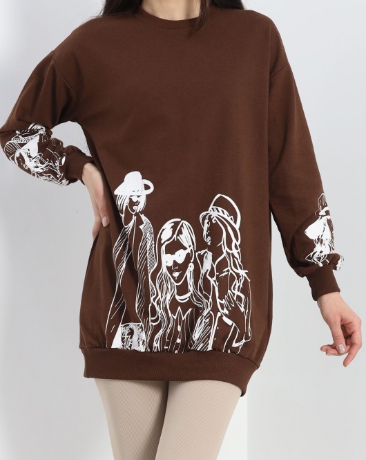 Baskılı İki İplik Tunik Sweat Kahve - 40044.555.