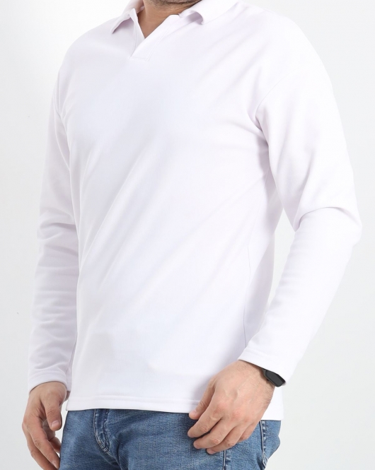 Polo Yaka Şardonlu Erkek Sweat Beyaz - 24163.1874.