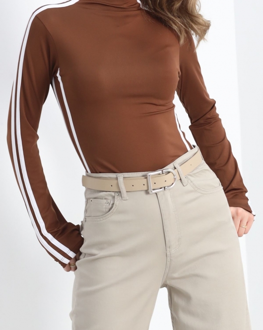 Dik Yaka Şeritli Body Kahve - 40079.1855.