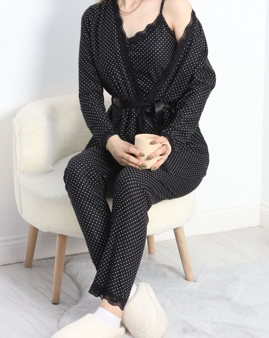 3'Lü Süet Set Pijama Takımı Siyahpuanlı - 30164.1050.