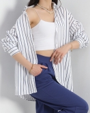 Oversize Çizgili Tunik Gömlek Beyazlacivert - 30110.1874.