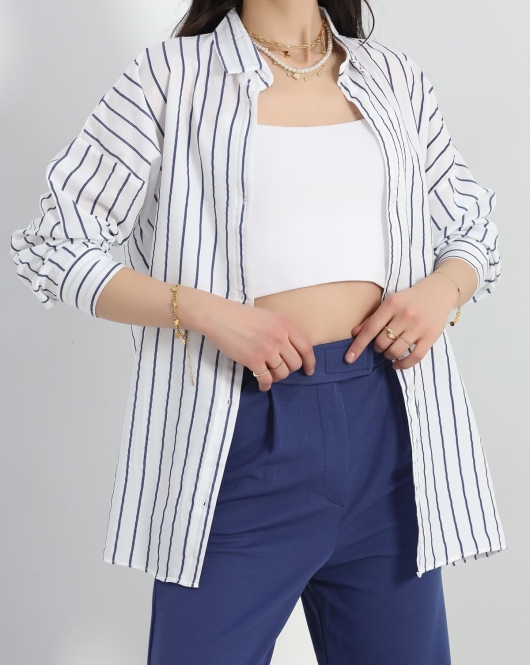 Oversize Çizgili Tunik Gömlek Beyazlacivert - 30110.1874.