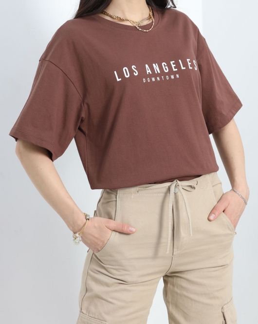 Baskılı Oversize Tişört Acıkahve - 20022.1567.