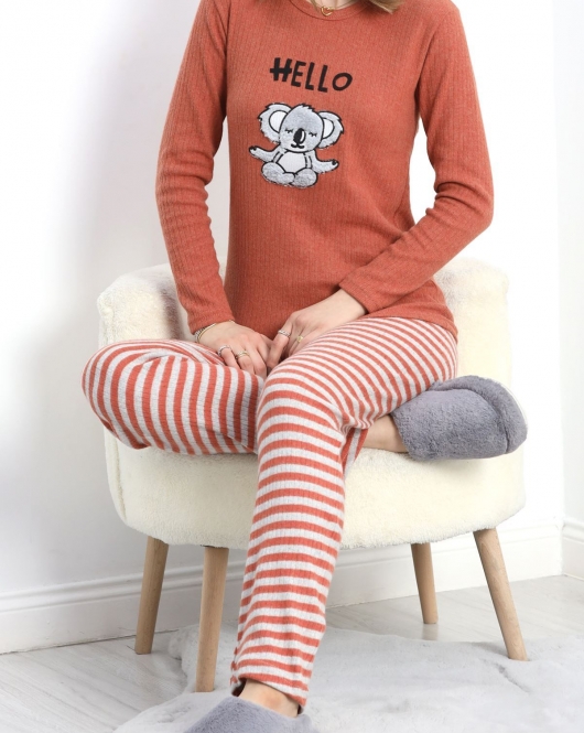 Nakışlı İnterlok Pijama Takımı Kiremit - 800.1287.