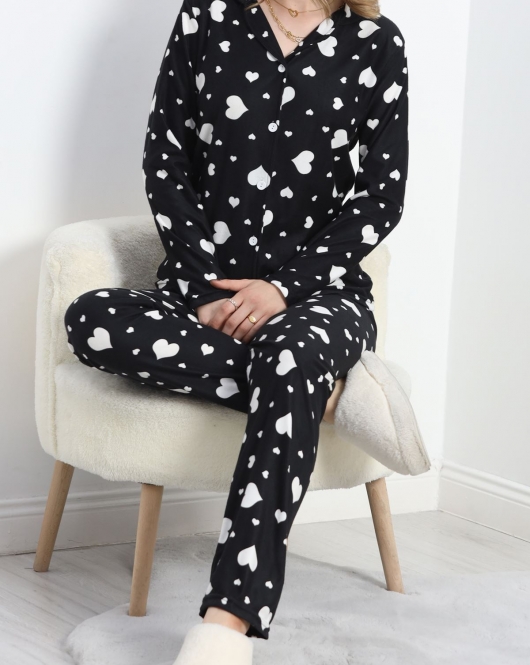 Düğmeli Süet Pijama Takımı Siyahbeyaz1 - 50039.1857.