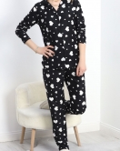 Düğmeli Süet Pijama Takımı Siyahbeyaz1 - 50039.1857.