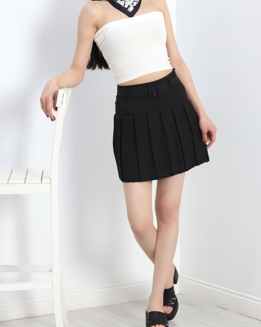 Kemerli Pileli Mini Etek Siyah - 30280.683.