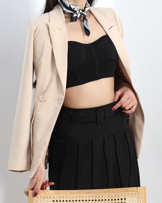 Leopar Astarlı Poliviskon Blazer Ceket Bej - 50028.1775.