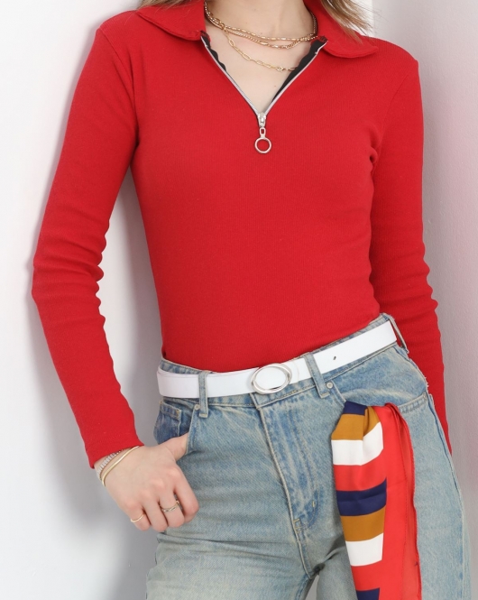 Yakalı Fermuarlı Body Koyukırmızı - 19503.599.