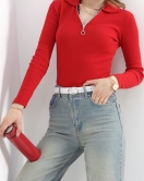 Yakalı Fermuarlı Body Koyukırmızı - 19503.599.