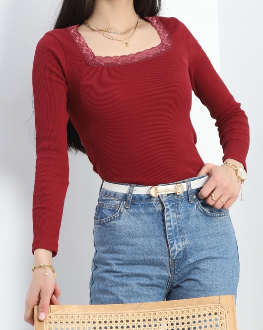 Kare Yaka Dantelli Body Bordo - 40096.599.