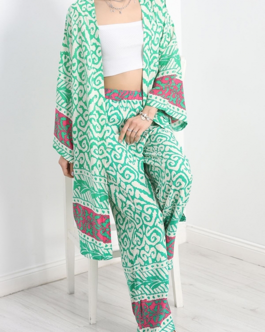 Desenli Kimono Takım Yeşil - 1032.1247.