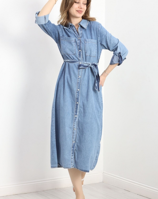 Kuşaklı Düğmeli Oversize Kot Elbise Karyıkama - 60072.1946.