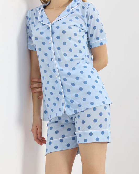 Düğmeli Şortlu Pijama Takımı Mavipuanlı - 18944.1567.