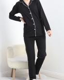 Biyeli Düğmeli Pijama Takımı Siyah - 50133.1950.