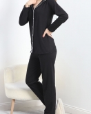 Biyeli Düğmeli Pijama Takımı Siyah - 50133.1950.