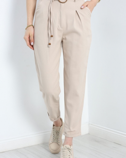 Kemerli Keten Pantolon Vizon - 1039.1247.