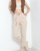 Kemerli Keten Pantolon Vizon - 1039.1247.