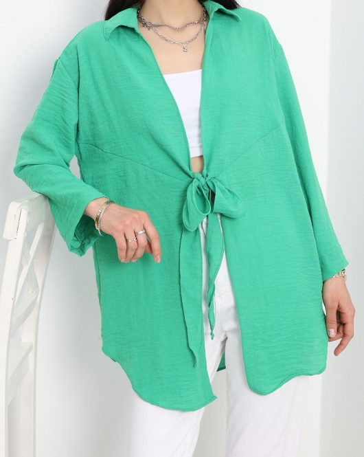 Kuşaklı Keten Kimono Yeşil - 1041.1247.