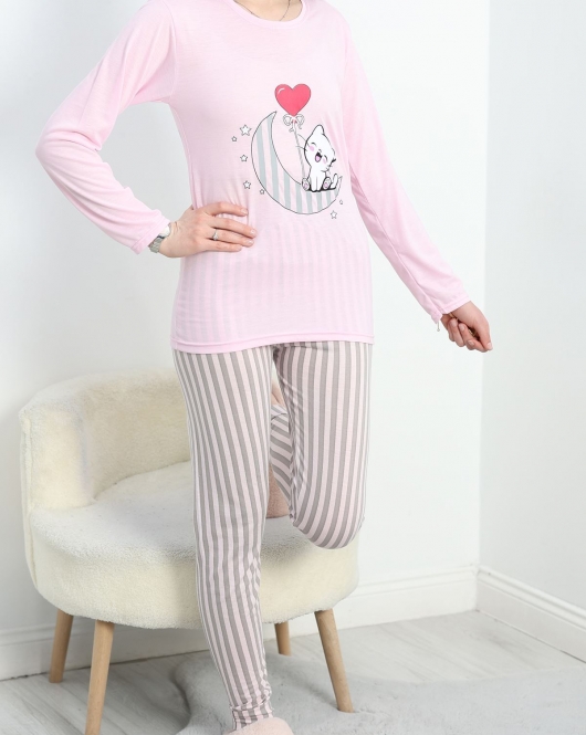 Desenli Poliviskon Pijama Takımı Pembegri - 40239.1902.
