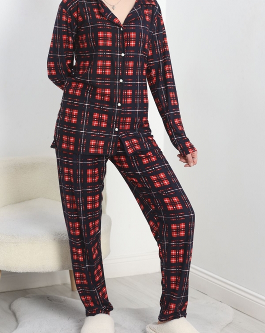 Düğmeli Süet Pijama Takımı Lacivertkırmızı - 30244.1050.