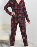 Düğmeli Süet Pijama Takımı Lacivertkırmızı - 30244.1050.